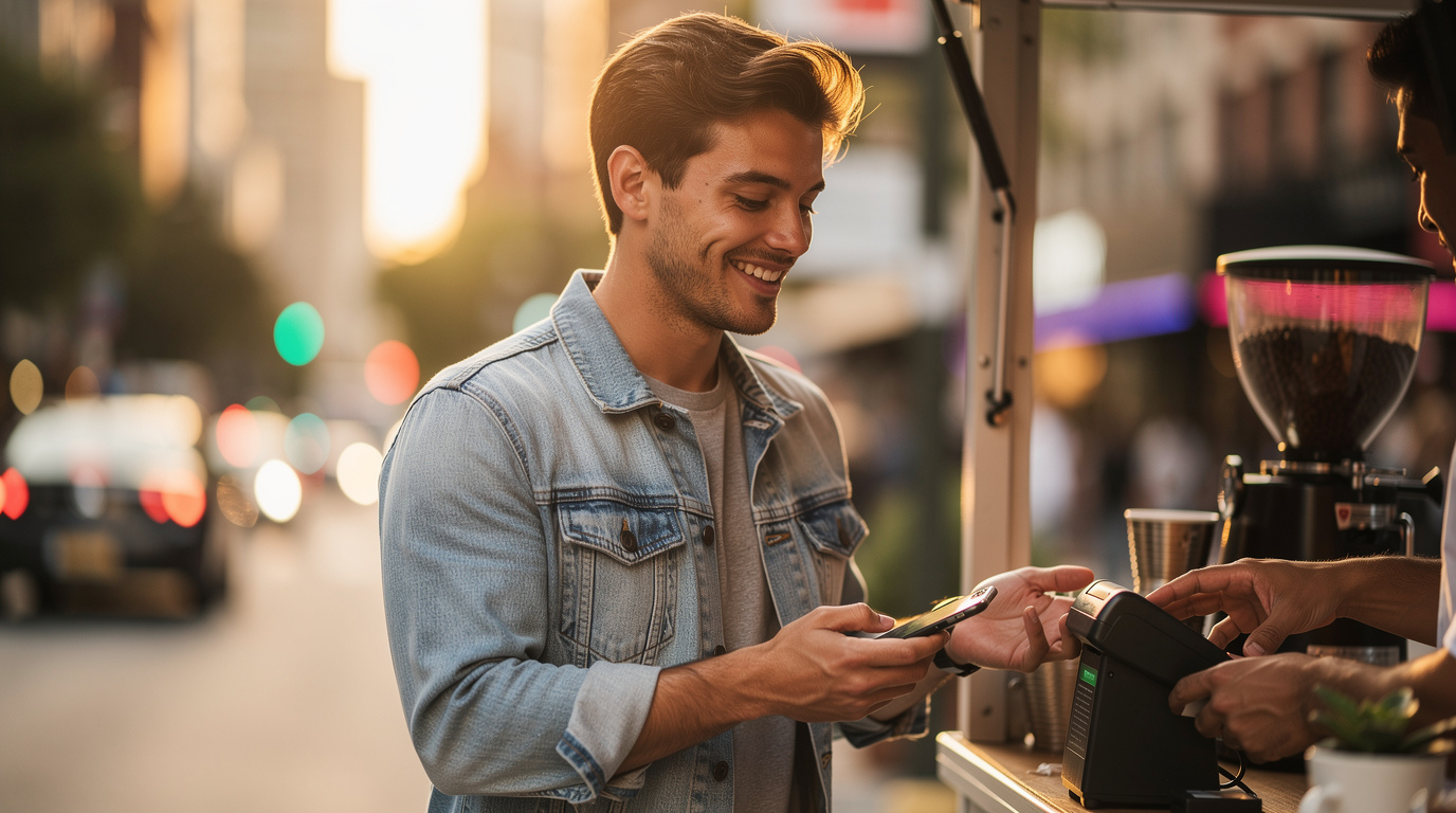 Person paying with the Cash App on their smartphone at a city coffee cart in 2026