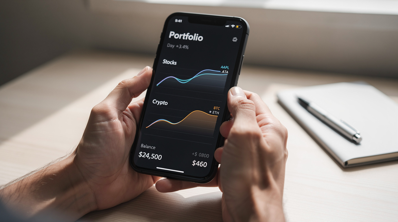 Cash App review: close-up of hands holding a smartphone showing a simple stock and Bitcoin investing dashboard