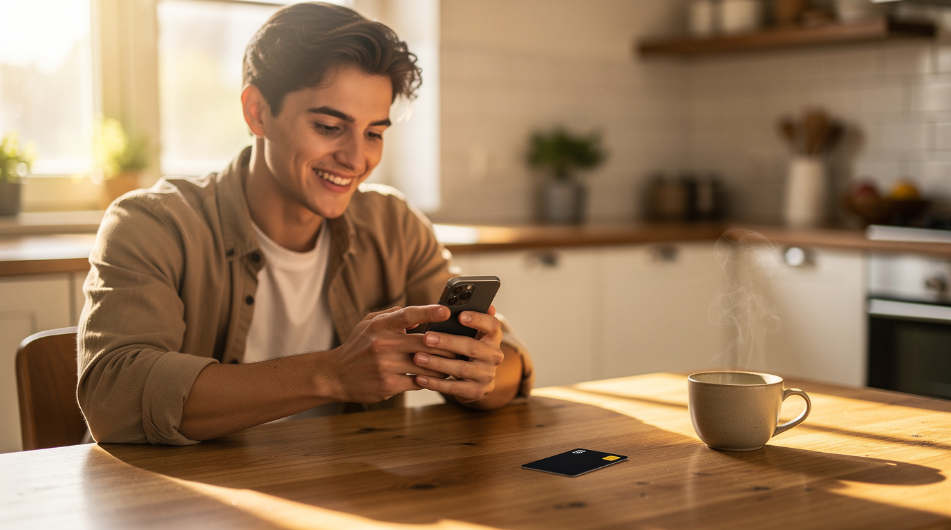 Cash App review: a person sending a peer-to-peer payment on a smartphone with a debit card on the table