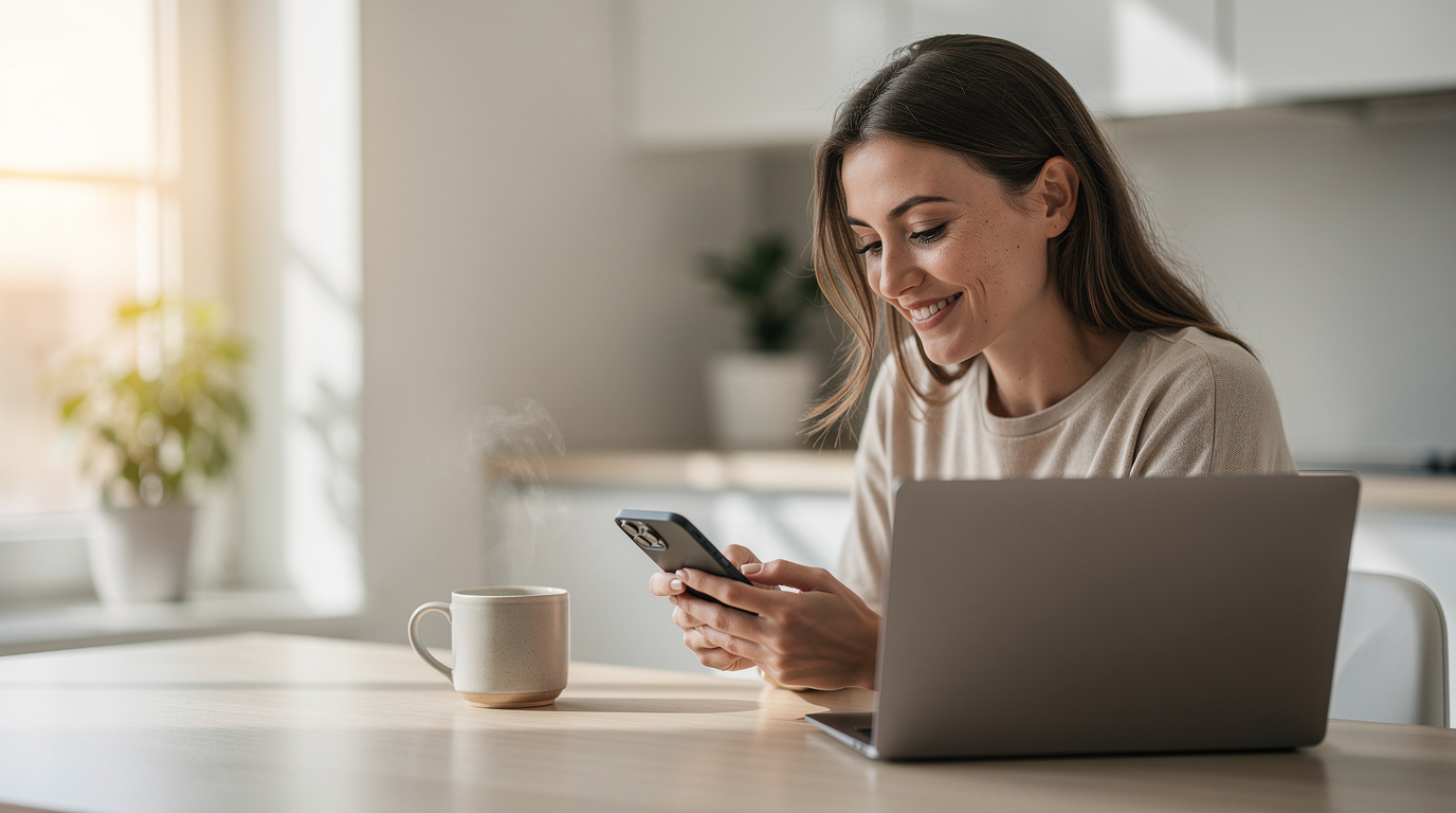 Woman checking her Chime mobile banking app at her kitchen table in 2026