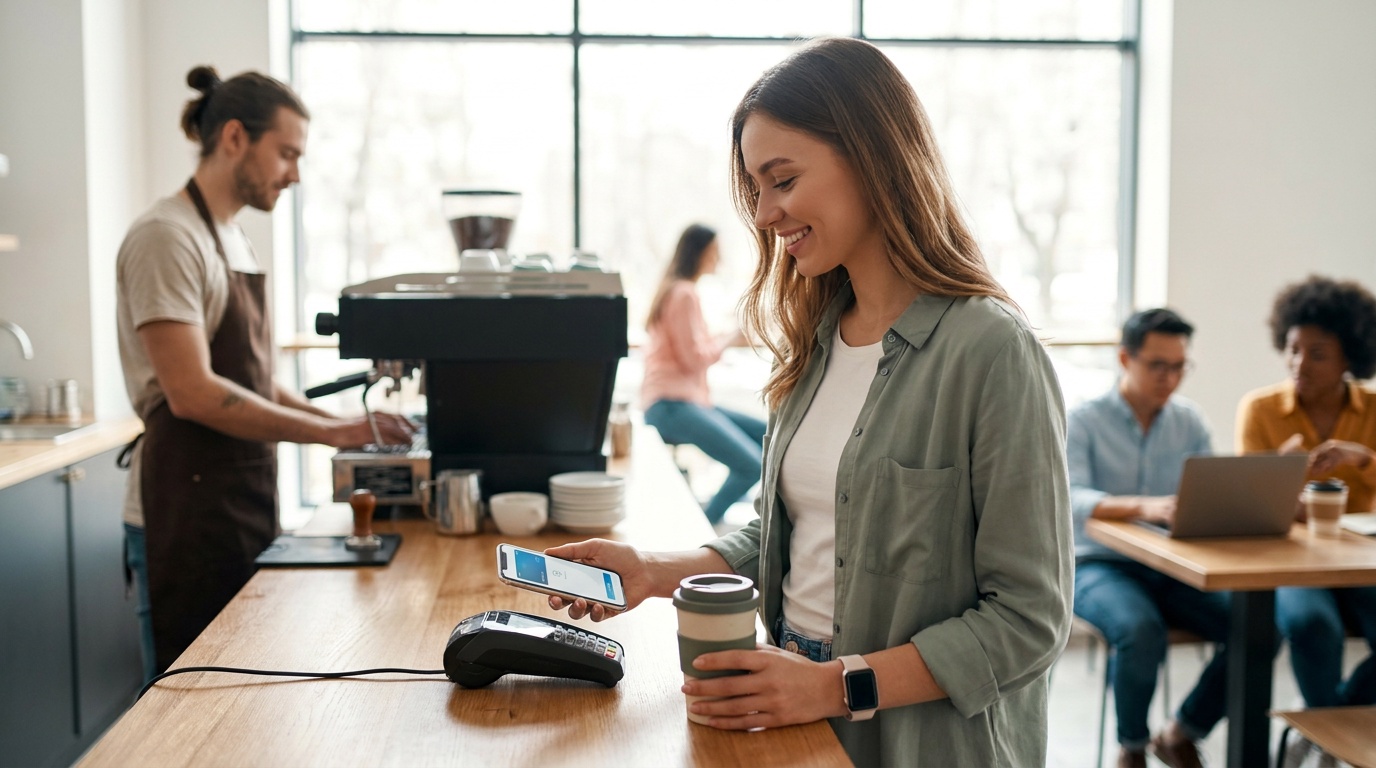 Chime vs Cash App: person using a mobile banking app to make a contactless payment in a cafe